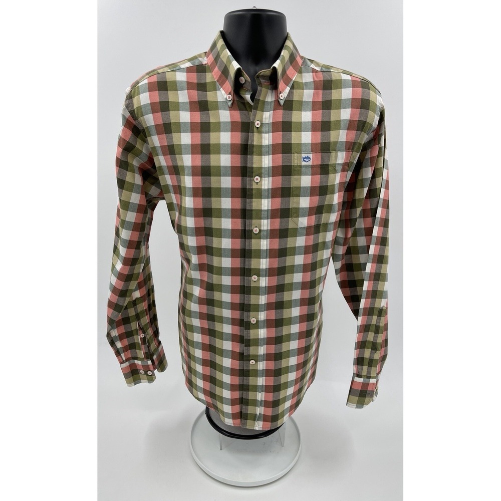 Southern Tide Men's L/S Shirt Size L Classic Fit Pocket Plaid Button Olive Coral